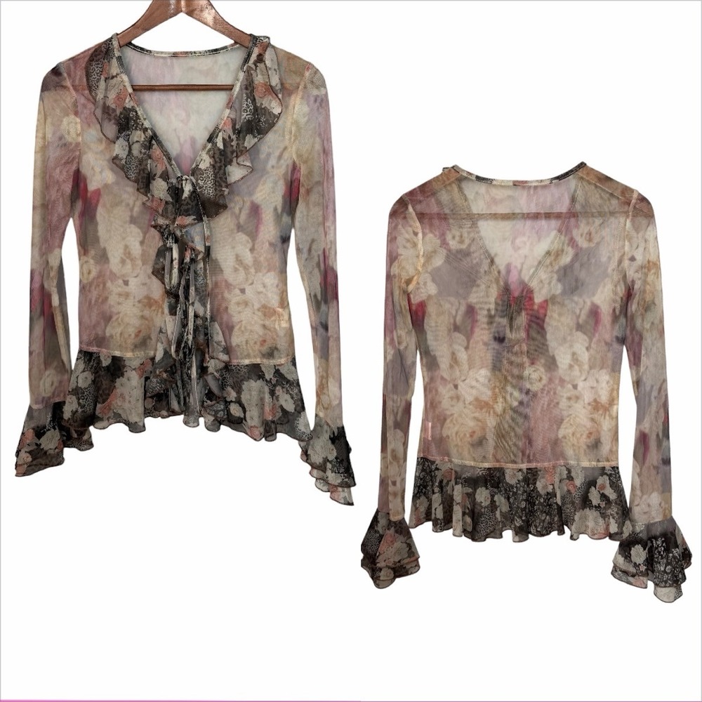 Sheer Fairy Top Floral Leopard Mesh Ruffle V-Neck Bell Sleeve Blouse Small